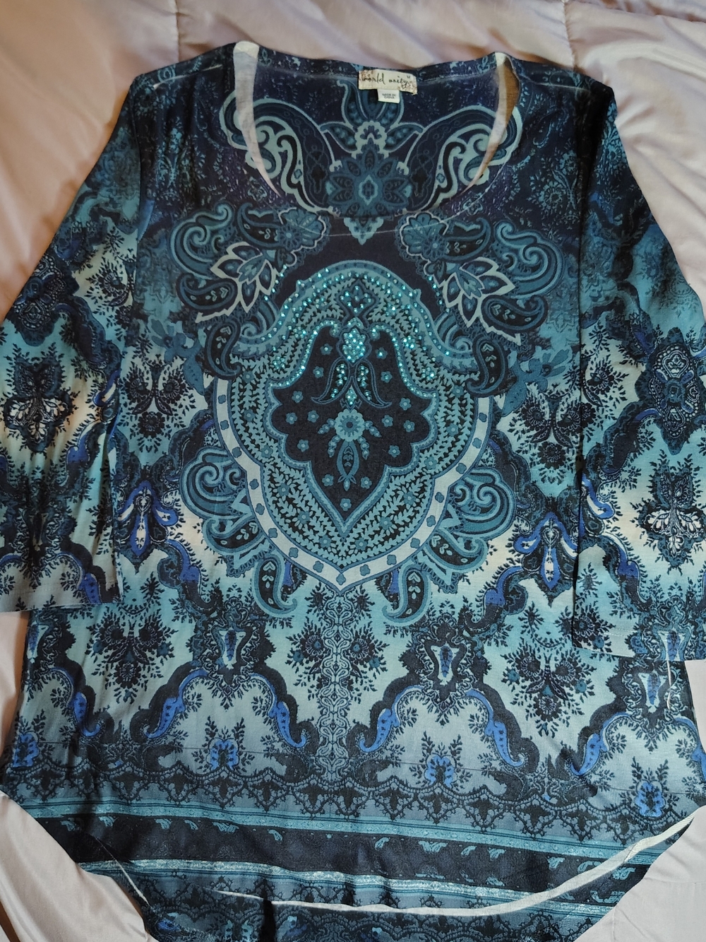 Blue Paisley-Print Tunic Top with Embellished Detail